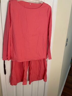 Coral Pink Long Sleeve Woven Top and Pants Set 3X